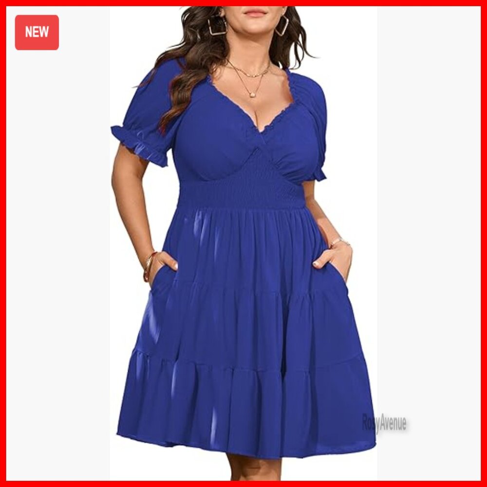 Plus Size Mini Dress V Neck Puff Sleeve Smocked Waist Tiered Ruffle A-Line